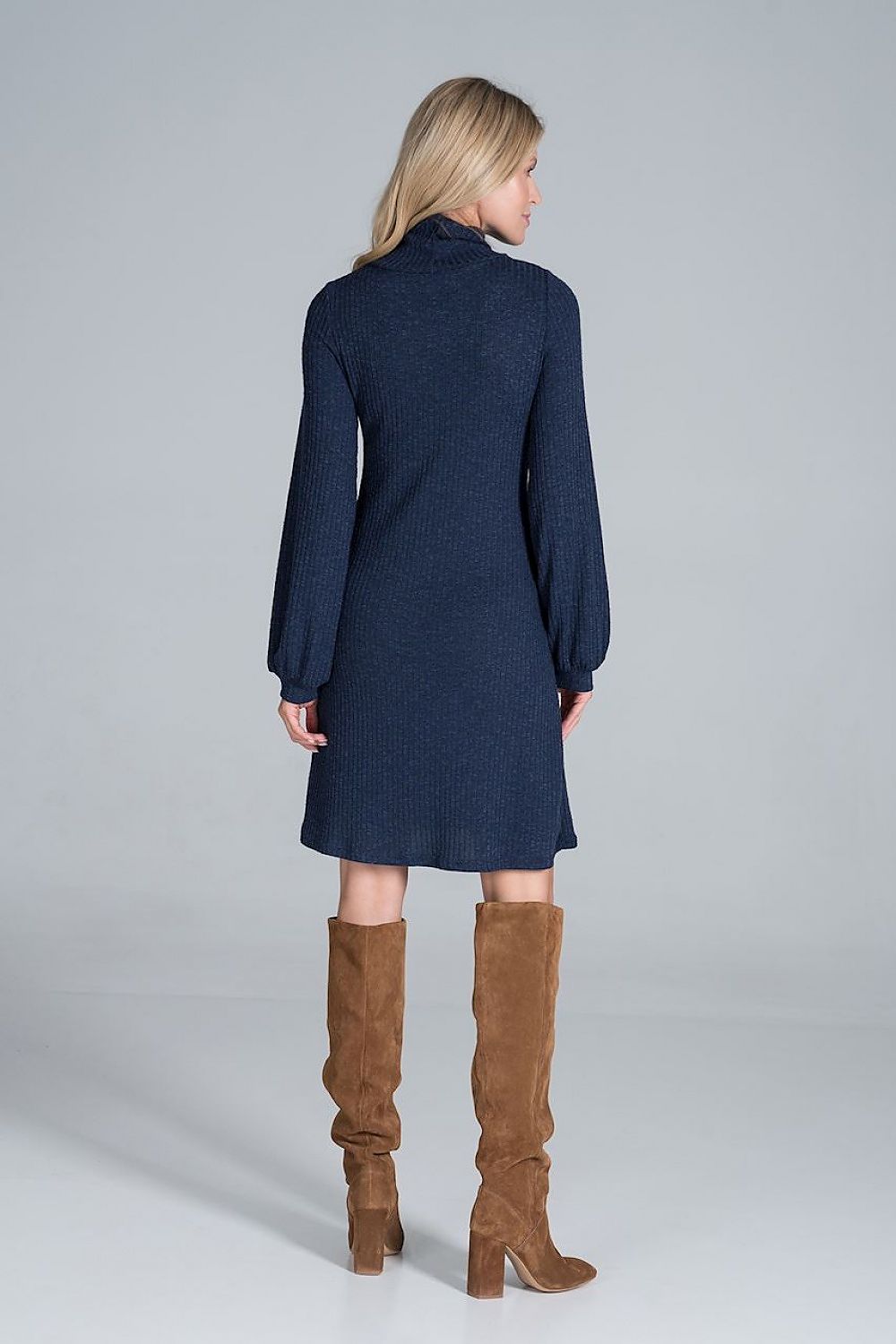 Back view of the Elegant Turtleneck Midi Dress in Flowing Ribbed Knit by Figl in navy blue, featuring long sleeves and a stylish fit.