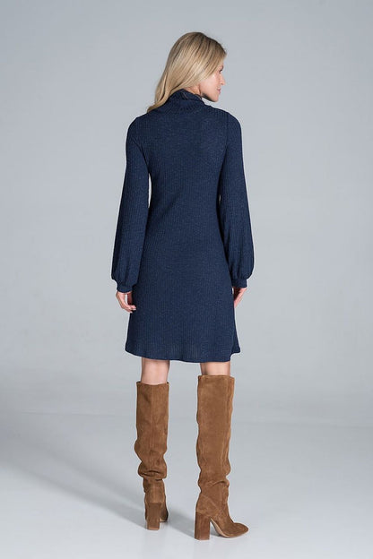 Back view of the Elegant Turtleneck Midi Dress in Flowing Ribbed Knit by Figl in navy blue, featuring long sleeves and a stylish fit.