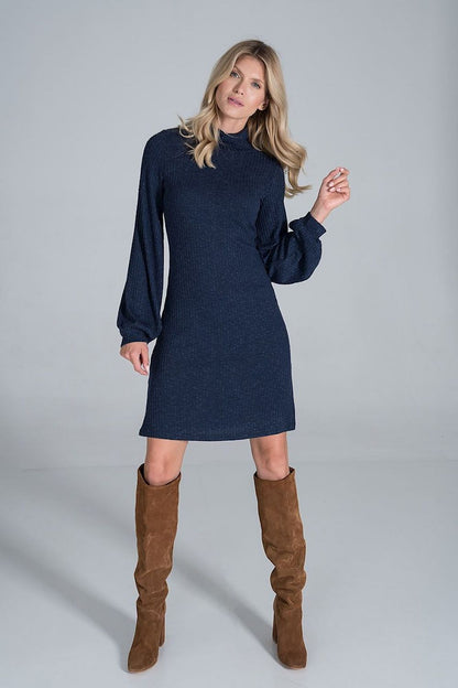 Elegant Turtleneck Midi Dress in Flowing Ribbed Knit by Figl featuring long sleeves and a sophisticated silhouette, styled with knee-high suede boots for a luxurious look.