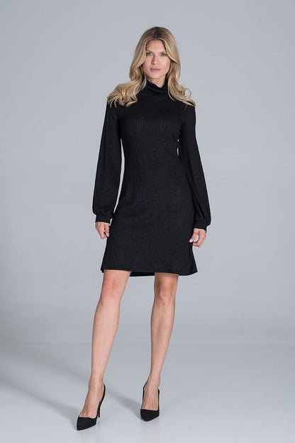 Elegant Turtleneck Midi Dress in Flowing Ribbed Knit by Figl in black, showcasing long sleeves and an elegant fit, paired with high heels for an upscale ensemble.