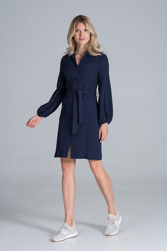 Elegant Cotton Midi Shirt Dress with Collar, Waist Tie and Long Sleeves by Figl, showcasing a sophisticated design in a rich navy hue. The dress features long balloon sleeves, a stylish waist tie, and buttons, perfect for both casual and formal occasions.