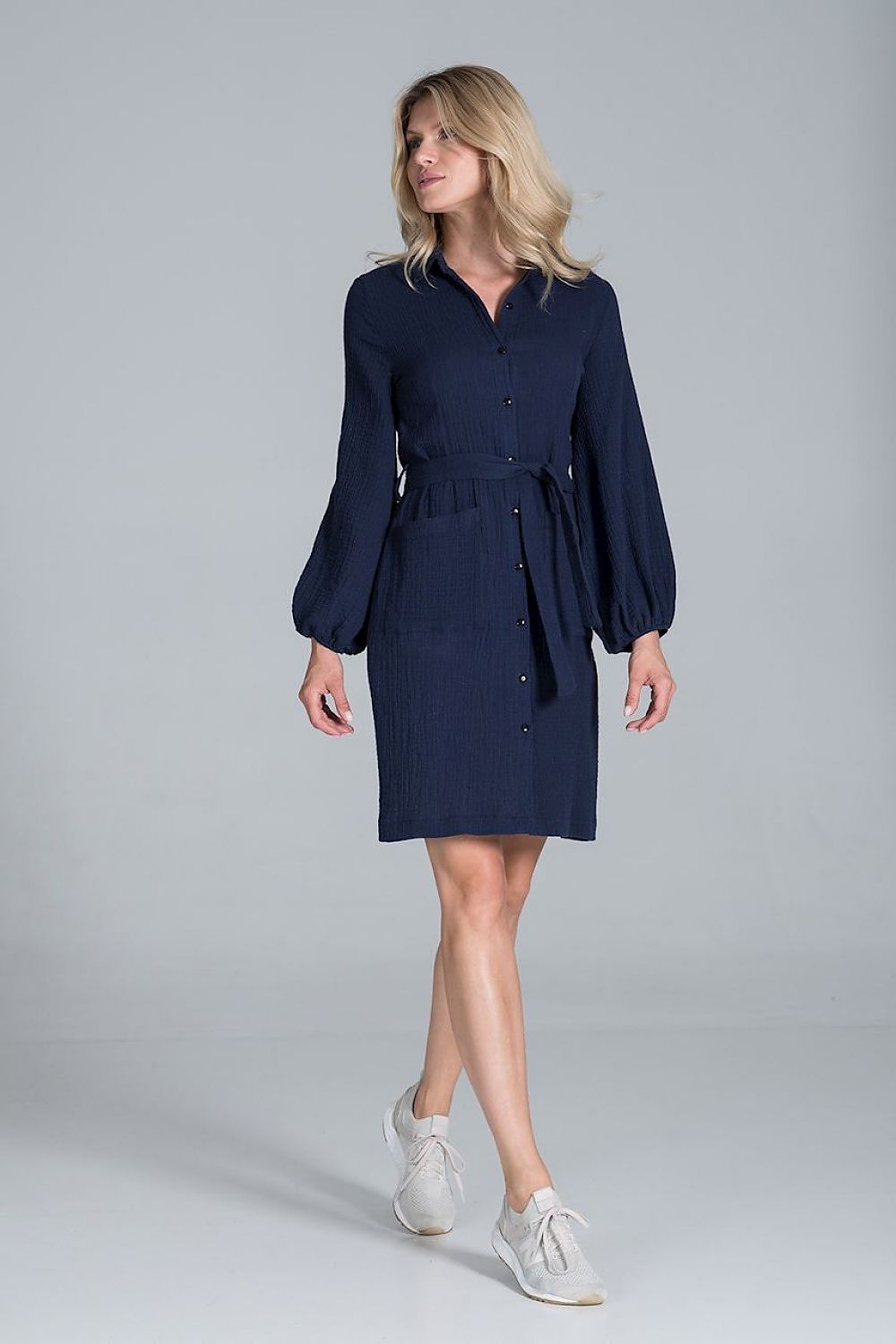 Elegant Cotton Midi Shirt Dress with Collar, Waist Tie and Long Sleeves by Figl, featuring a model walking elegantly, showcasing its sophisticated design and perfect fit.