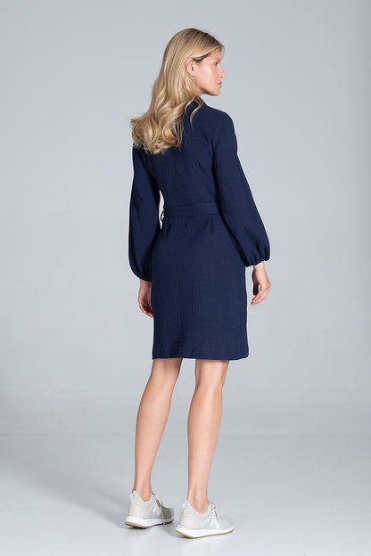 Elegant Cotton Midi Shirt Dress with Collar, Waist Tie and Long Sleeves by Figl, highlighting the back view of a model in a stylish pose, demonstrating the dress's flattering silhouette and luxurious fabric.