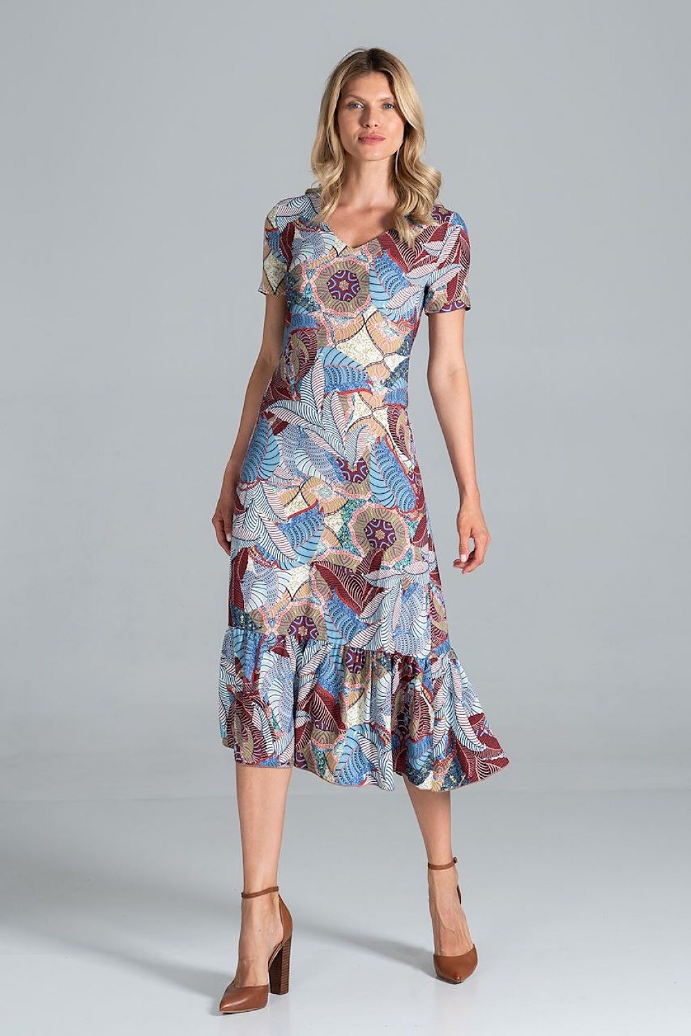 Elegant Midi Dress with Sweetheart Neckline and Flouncy Hem by Figl showcased on a model, featuring a vibrant floral pattern and flattering silhouette, perfect for sophisticated occasions.