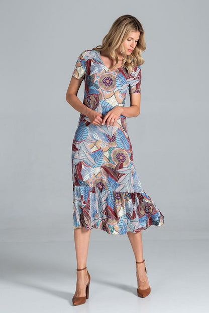 Elegant Midi Dress with Sweetheart Neckline and Flouncy Hem by Figl, elegantly styled on a model, highlighting its beautiful flounce and intricate design details for an exquisite look.