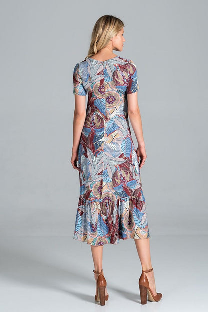 Back view of the Elegant Midi Dress with Sweetheart Neckline and Flouncy Hem by Figl, displaying its luxurious fabric and unique patterns, ideal for chic events.