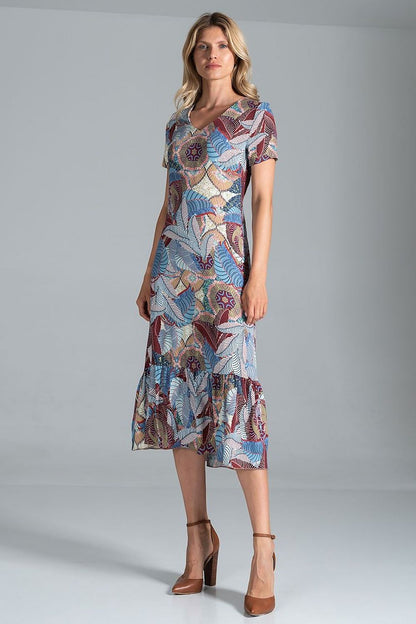 Elegant Midi Dress with Sweetheart Neckline and Flouncy Hem by Figl, featuring a vibrant print of blue and red patterns, modelled elegantly by a woman standing in a sophisticated pose.