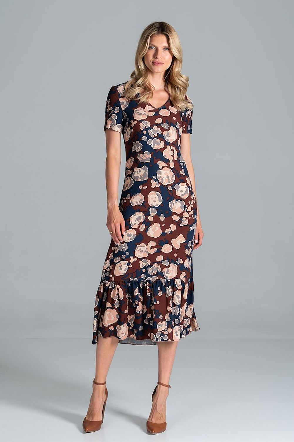 Elegant Midi Dress with Sweetheart Neckline and Flouncy Hem by Figl, showcasing a stunning floral design in earthy tones, elegantly worn by a model with a poised stance.
