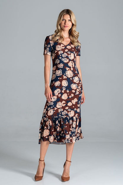 Elegant Midi Dress with Sweetheart Neckline and Flouncy Hem by Figl, showcasing a stunning floral design in earthy tones, elegantly worn by a model with a poised stance.