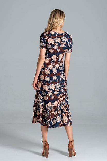 Elegant Midi Dress with Sweetheart Neckline and Flouncy Hem by Figl, depicting a back view of a model wearing a beautifully patterned dress, accentuating its flouncy hem and luxurious design.