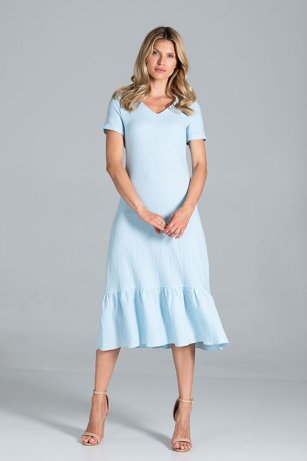 Elegant Midi Dress with Sweetheart Neckline and Flouncy Hem by Figl displayed in light blue, featuring short sleeves and a flattering silhouette.