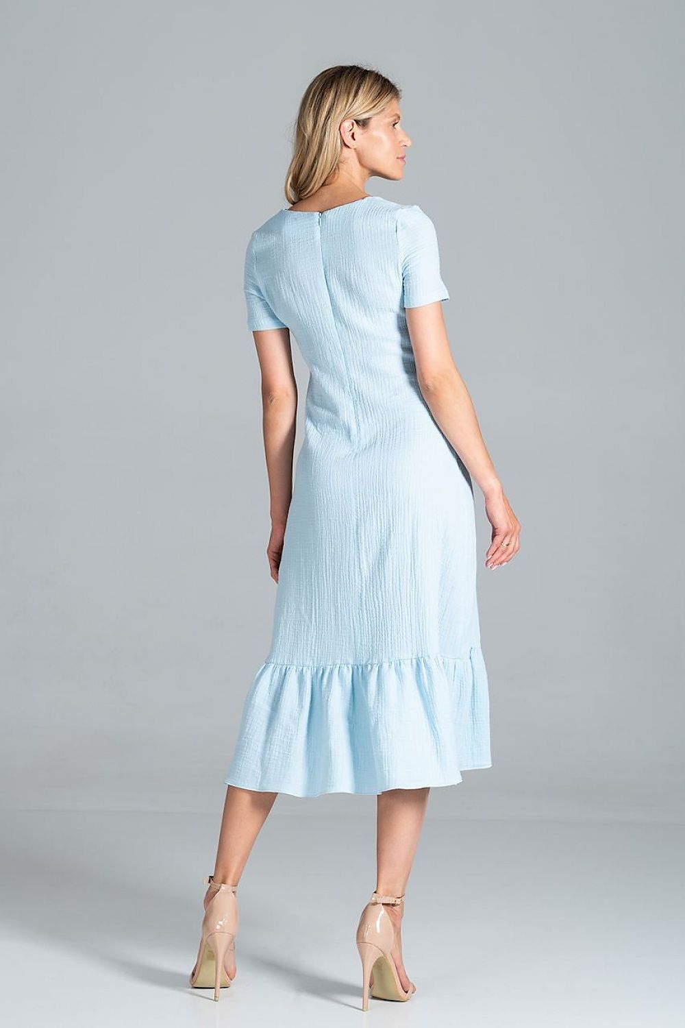 Elegant Midi Dress with Sweetheart Neckline and Flouncy Hem by Figl, showcasing the back view in soft blue, highlighting its stylish flounce detail.