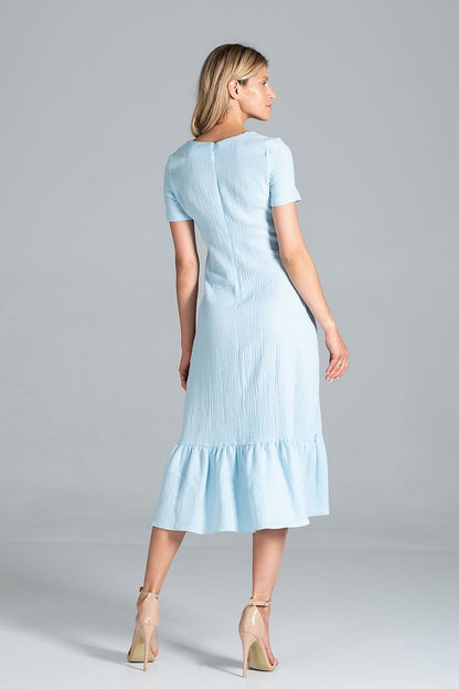 Elegant Midi Dress with Sweetheart Neckline and Flouncy Hem by Figl, showcasing the back view in soft blue, highlighting its stylish flounce detail.