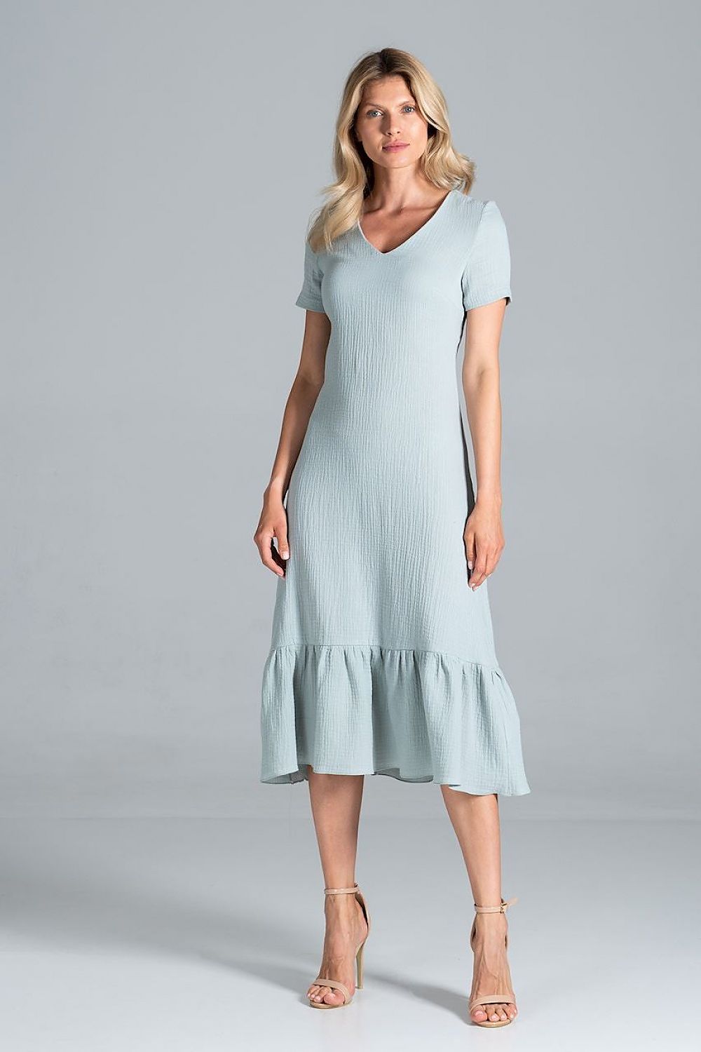 Elegant Midi Dress with Sweetheart Neckline and Flouncy Hem by Figl in a gentle greenish-blue shade, exclusively designed for sophisticated occasions.