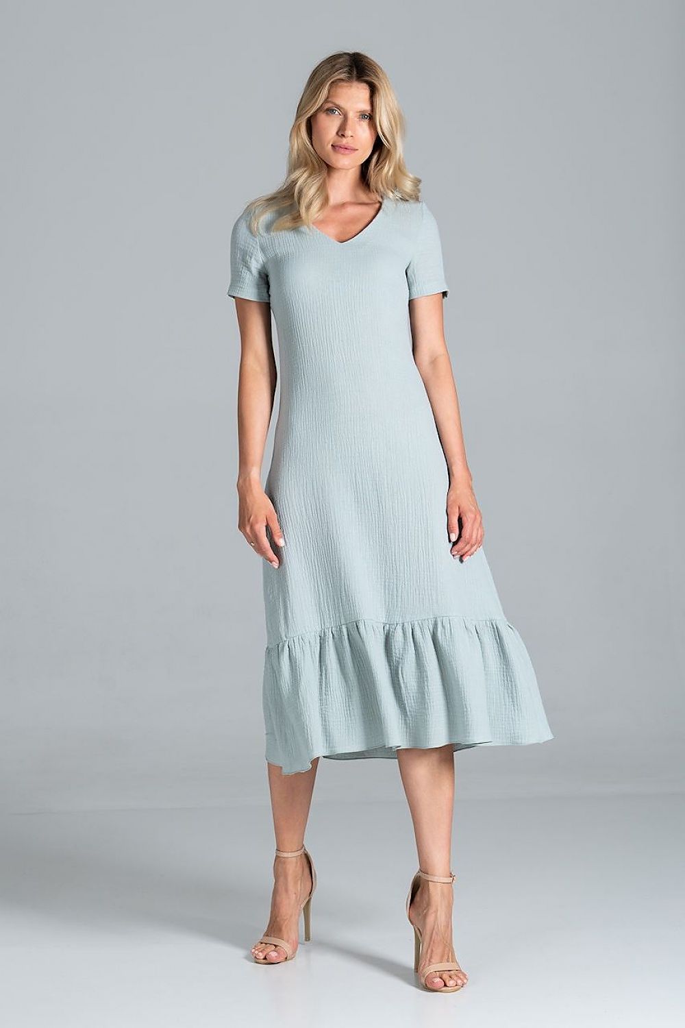 Elegant Midi Dress with Sweetheart Neckline and Flouncy Hem by Figl, elegantly worn in a soft green tone, perfect for upscale events.