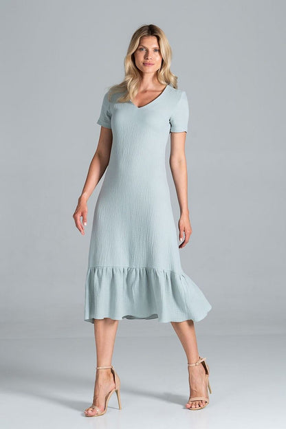 Front view of the Elegant Midi Dress with Sweetheart Neckline and Flouncy Hem by Figl in mint, featuring short sleeves and a flattering fit that emphasizes elegance.