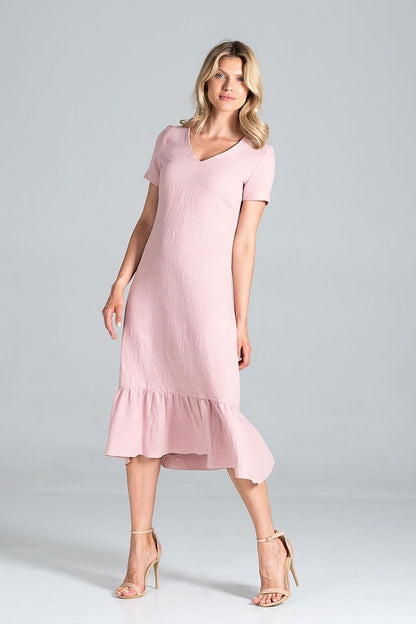 Front view of the Elegant Midi Dress with Sweetheart Neckline and Flouncy Hem by Figl in a delicate pink hue, highlighting the feminine design and flouncy hem for a stylish look.