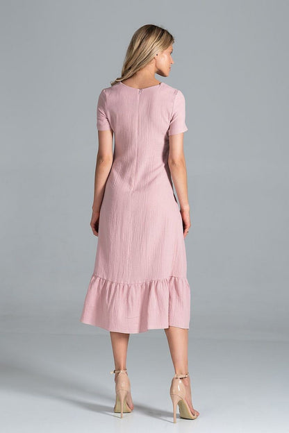 Back view of the Elegant Midi Dress with Sweetheart Neckline and Flouncy Hem by Figl in light pink, displaying its exquisite detailing and flouncy hemline.