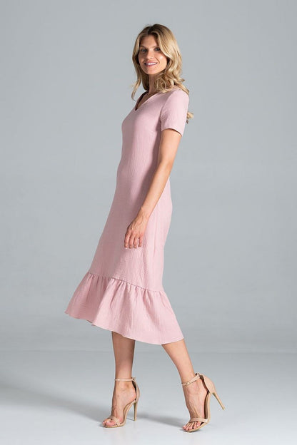Elegant Midi Dress with Sweetheart Neckline and Flouncy Hem by Figl - 100% Viscose worn by a model showcasing a side profile.