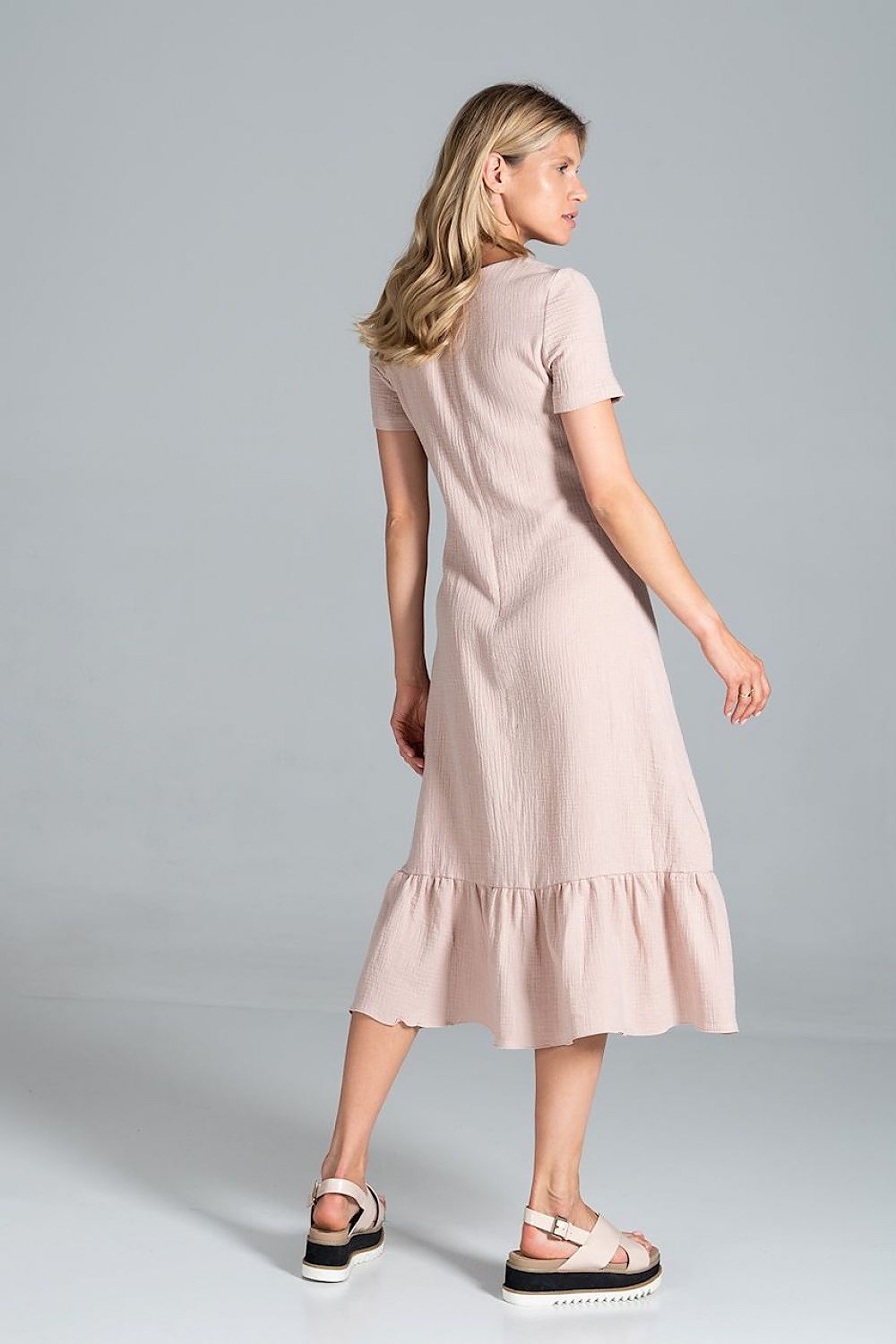 Elegant Midi Dress with Sweetheart Neckline and Flouncy Hem by Figl - 100% Viscose captured from the back, highlighting the dress's elegant design.