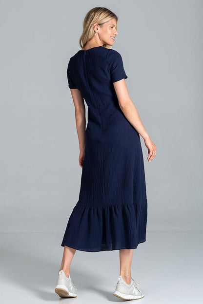 Back view of the Elegant Midi Dress with Sweetheart Neckline and Flouncy Hem by Figl in navy, showcasing a stylish silhouette and premium craftsmanship.