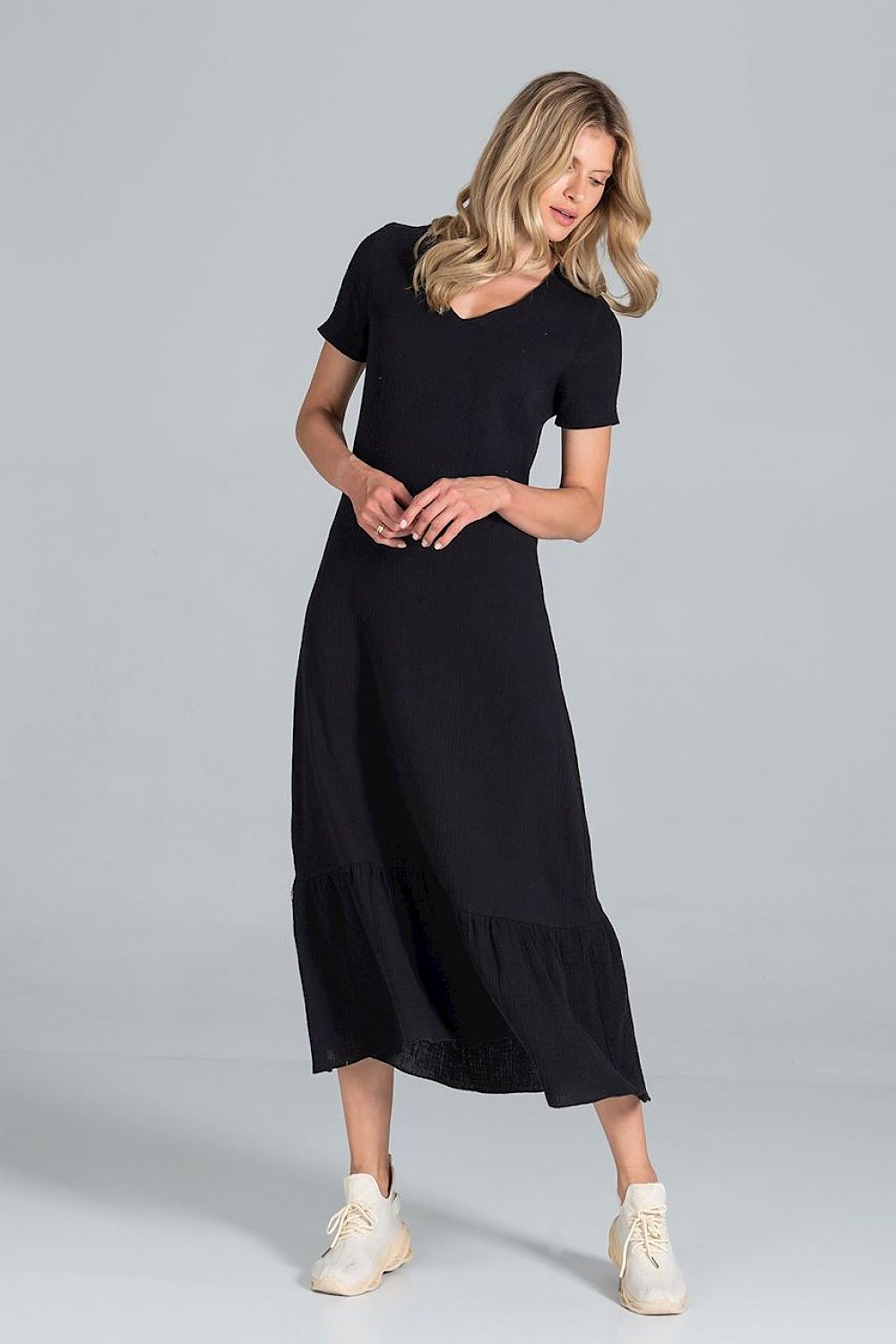 Elegant Midi Dress with Sweetheart Neckline and Flouncy Hem by Figl in black, featuring a sleek silhouette and luxurious flouncy hem on a model for an upscale appearance.