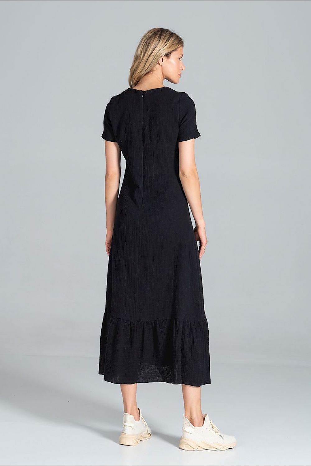 Back view of the Elegant Midi Dress with Sweetheart Neckline and Flouncy Hem by Figl in black, showcasing the stylish design and elegant flouncer hem.
