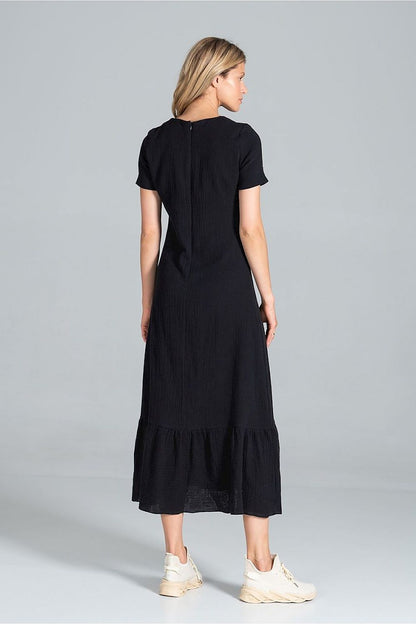 Back view of the Elegant Midi Dress with Sweetheart Neckline and Flouncy Hem by Figl in black, showcasing the stylish design and elegant flouncer hem.