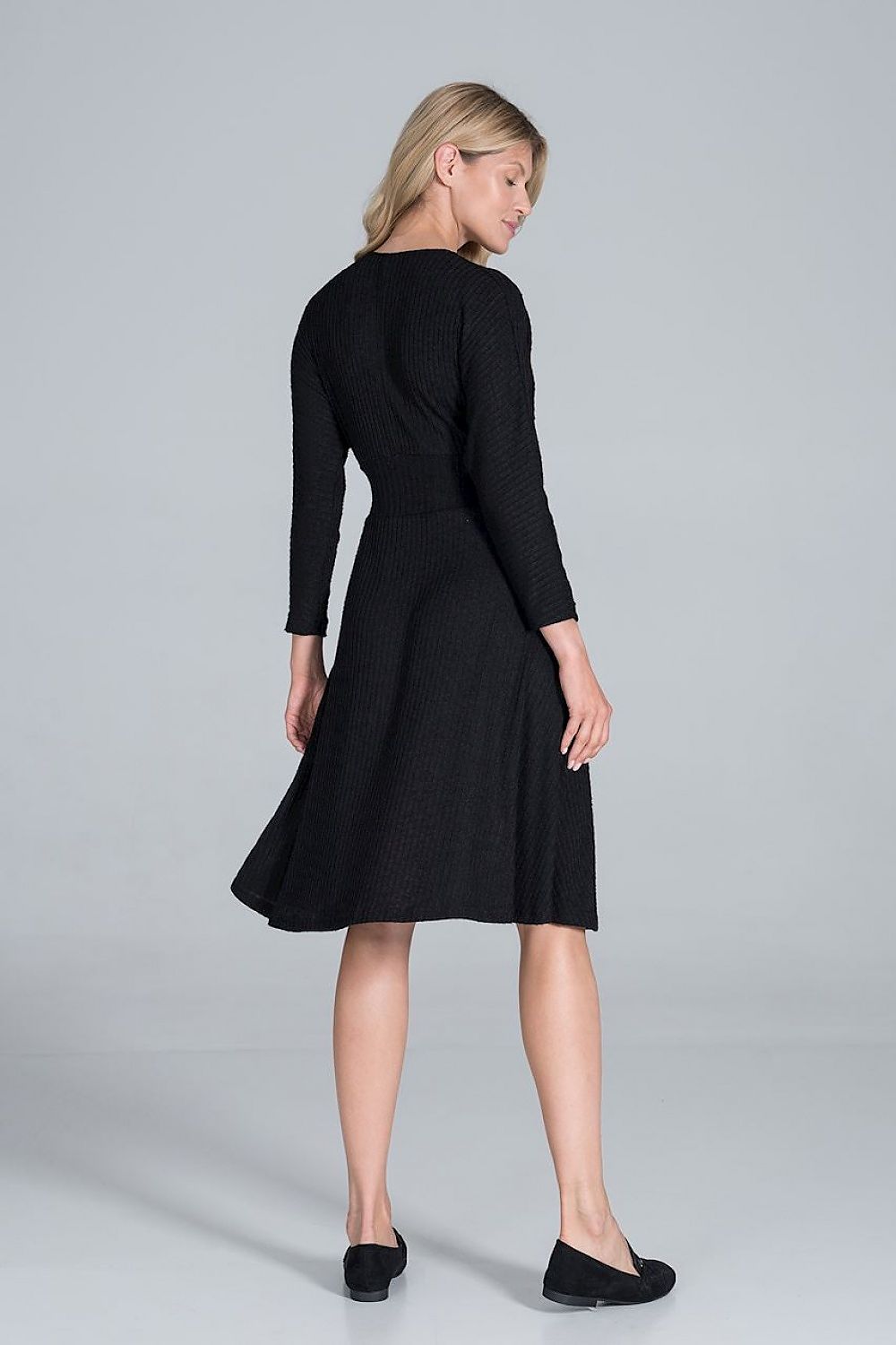 Elegant Midi Dress with Envelope Neckline, Kimono Sleeves & Wide Waistband by Figl, showcased from the back, featuring a flowing silhouette in a luxurious black ribbed knit.