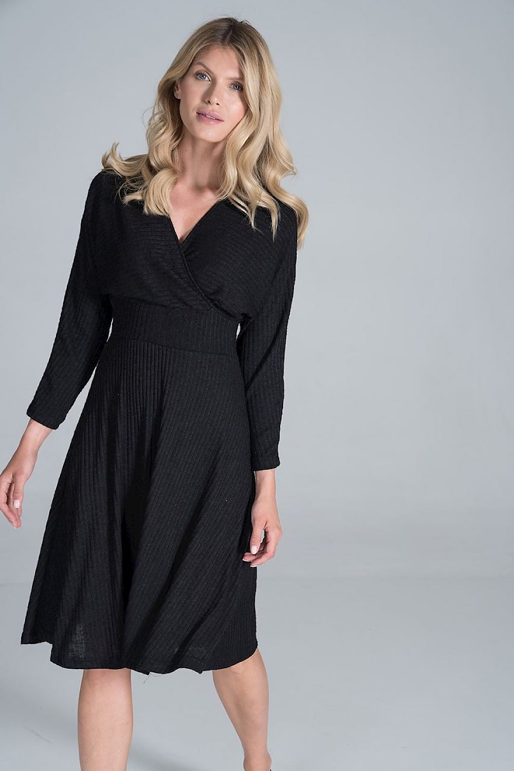 Elegant Midi Dress with Envelope Neckline, Kimono Sleeves & Wide Waistband by Figl, presented in a front view highlighting the sophisticated envelope neckline and flattering fit, crafted from premium black ribbed fabric.