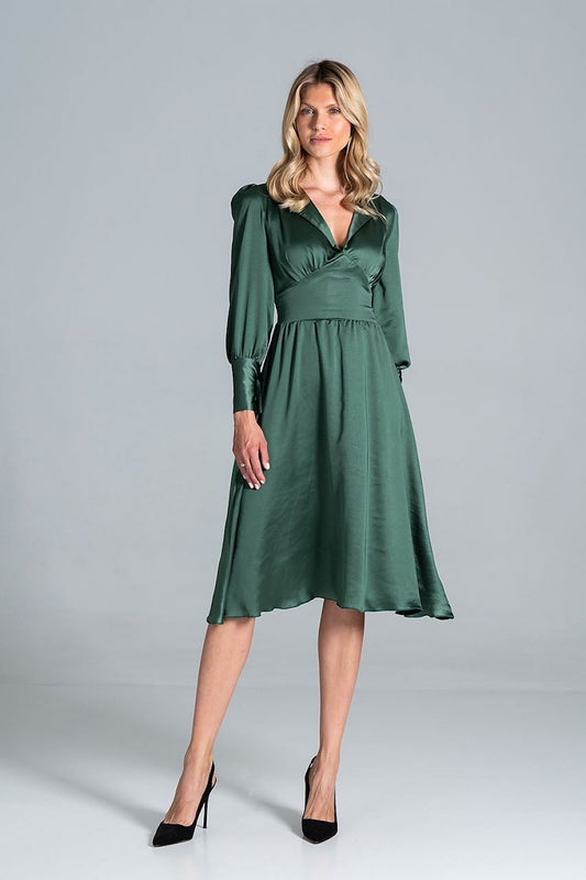 Elegant Midi Satin Dress with Heart Neckline, Buffet Sleeves, and Wide Belt by Figl, showcasing a sophisticated green satin fabric, perfect for formal occasions.