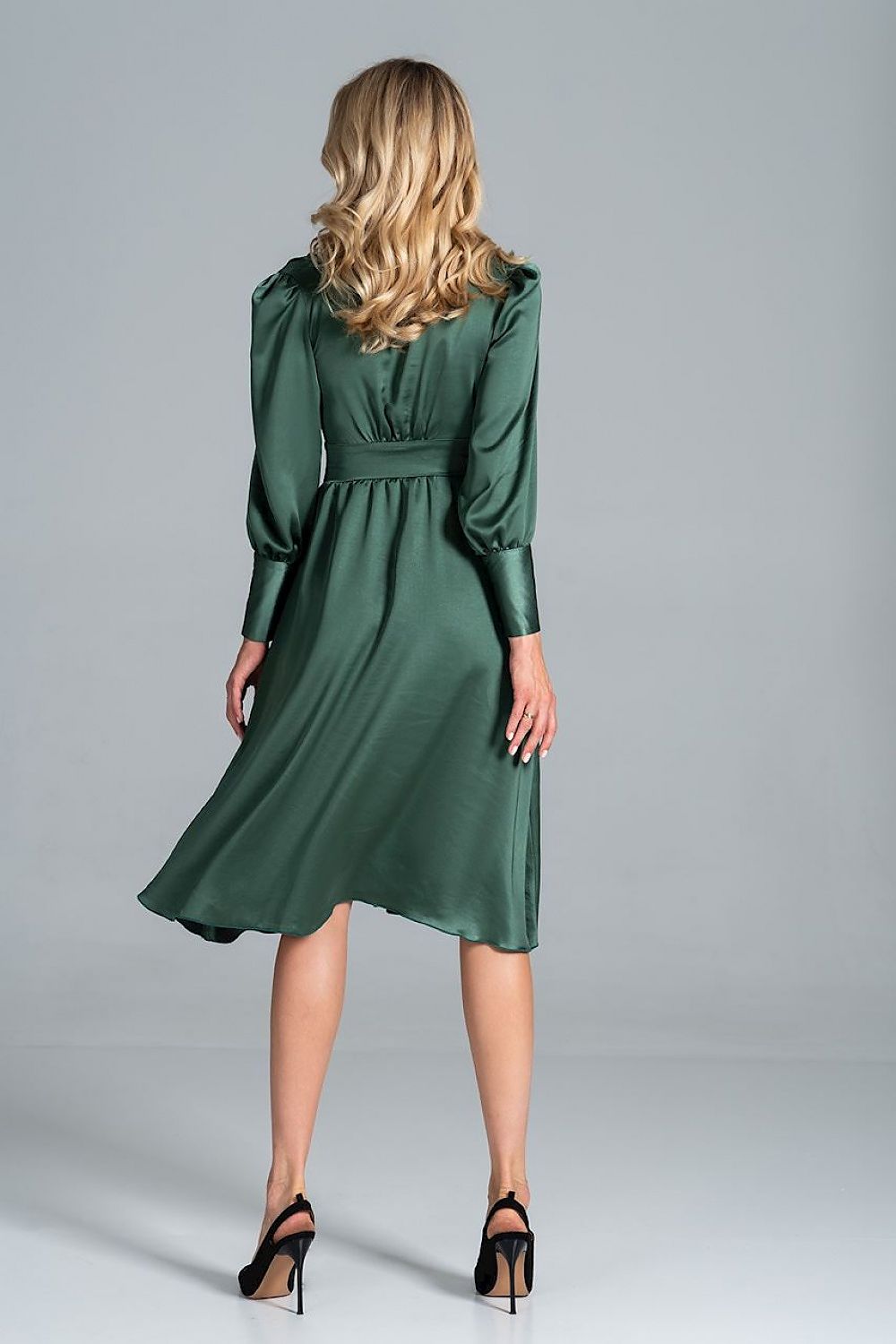 Elegant Midi Satin Dress with Heart Neckline, Buffet Sleeves, and Wide Belt by Figl, highlighting a graceful back view, crafted in luxurious satin for a refined look.