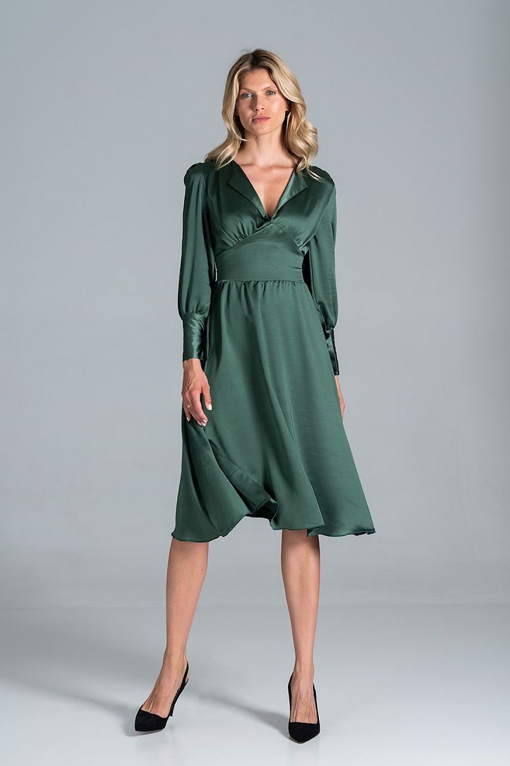 Elegant Midi Satin Dress with Heart Neckline, Buffet Sleeves, and Wide Belt by Figl, showcased on a model in deep green, emphasizing the exquisite satin fabric and stylish silhouette.