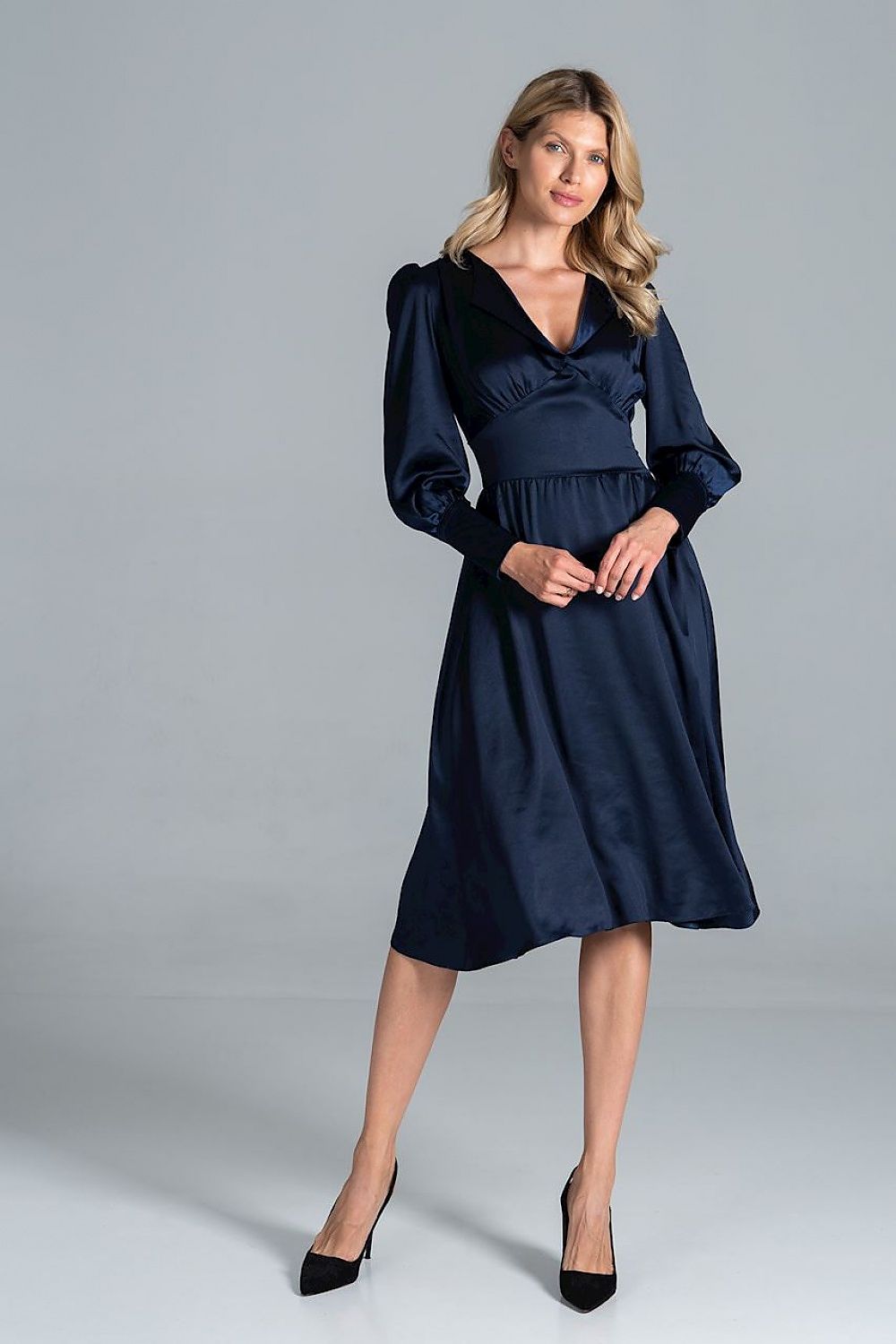 Elegant Midi Satin Dress with Heart Neckline, Buffet Sleeves, and Wide Belt by Figl, displayed on a model in rich navy, illustrating the flattering fit and luxurious design details.