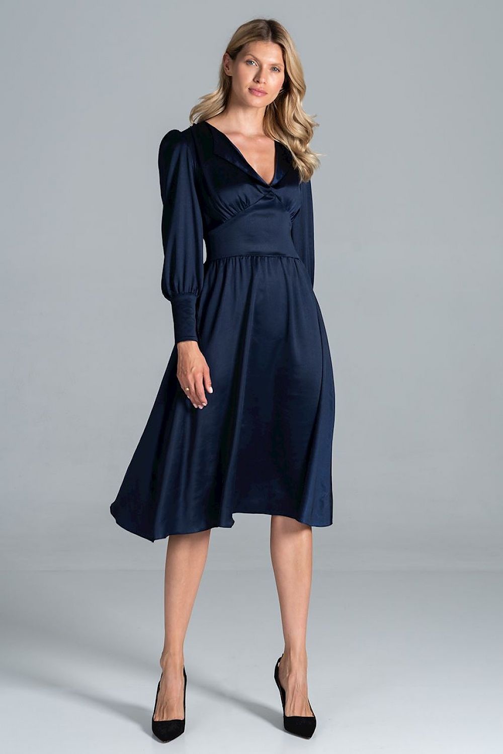 Elegant Midi Satin Dress with Heart Neckline, Buffet Sleeves, and Wide Belt by Figl, worn by a model in a graceful navy shade, highlighting the sophisticated style and flattering cut.