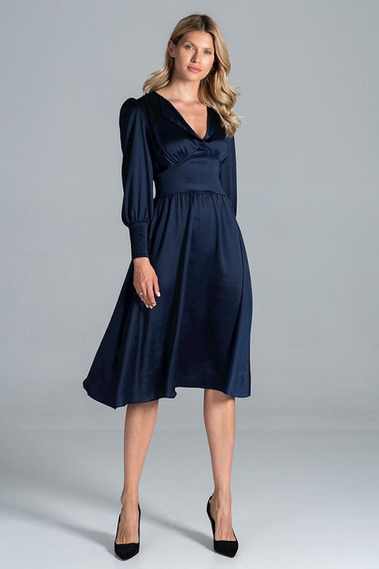 Elegant Midi Satin Dress with Heart Neckline, Buffet Sleeves, and Wide Belt by Figl, worn by a model in a graceful navy shade, highlighting the sophisticated style and flattering cut.