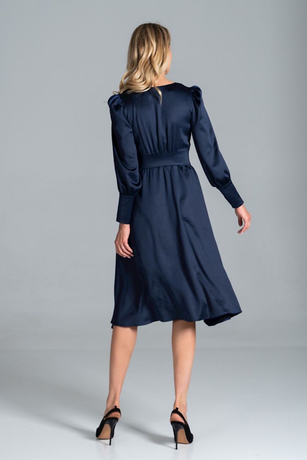 Elegant Midi Satin Dress with Heart Neckline, Buffet Sleeves, and Wide Belt by Figl, featured from the back on a model, focusing on the elegant design and silky finish.
