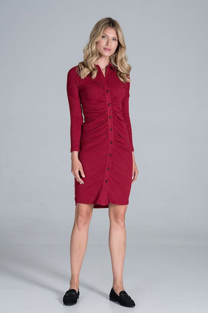 Elegant Midi Dress With Collar, Pleated Front & Long Sleeves - Figl Fashion, displayed on a model standing confidently, highlighting its sophisticated collar and button detailing.