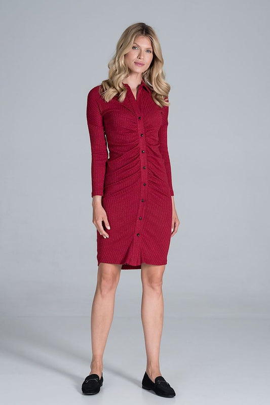 Elegant Midi Dress With Collar, Pleated Front & Long Sleeves - Figl Fashion, displayed on a model standing confidently, highlighting its sophisticated collar and button detailing.