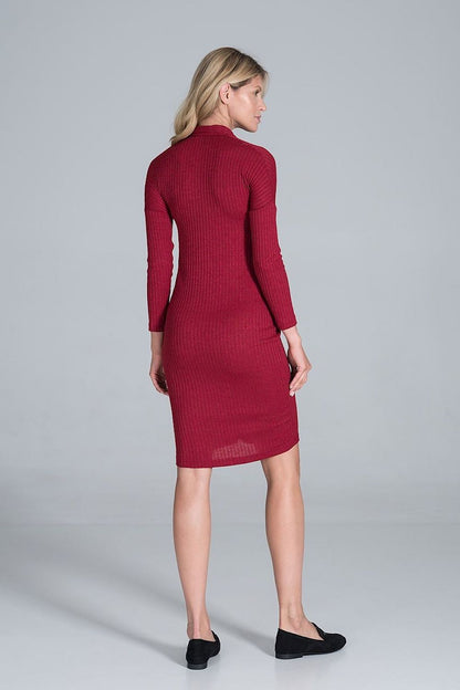 Back view of the Elegant Midi Dress With Collar, Pleated Front & Long Sleeves - Figl Fashion, featuring a streamlined silhouette and ribbed texture, perfect for modern elegance.