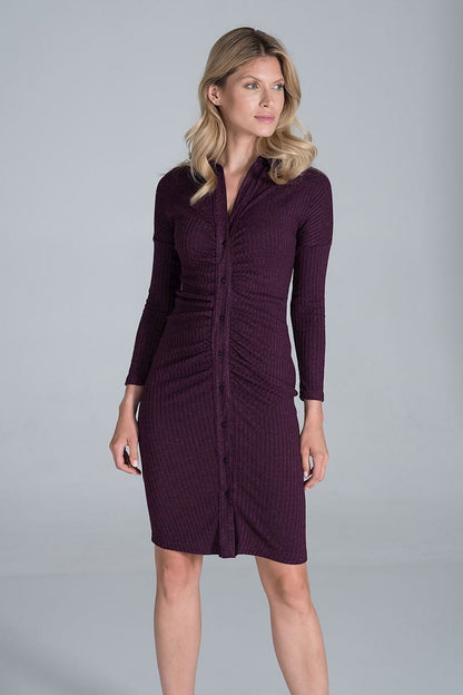 Elegant Midi Dress With Collar, Pleated Front & Long Sleeves - Figl Fashion, presented in a rich purple shade on a model, capturing the essence of refined fashion.