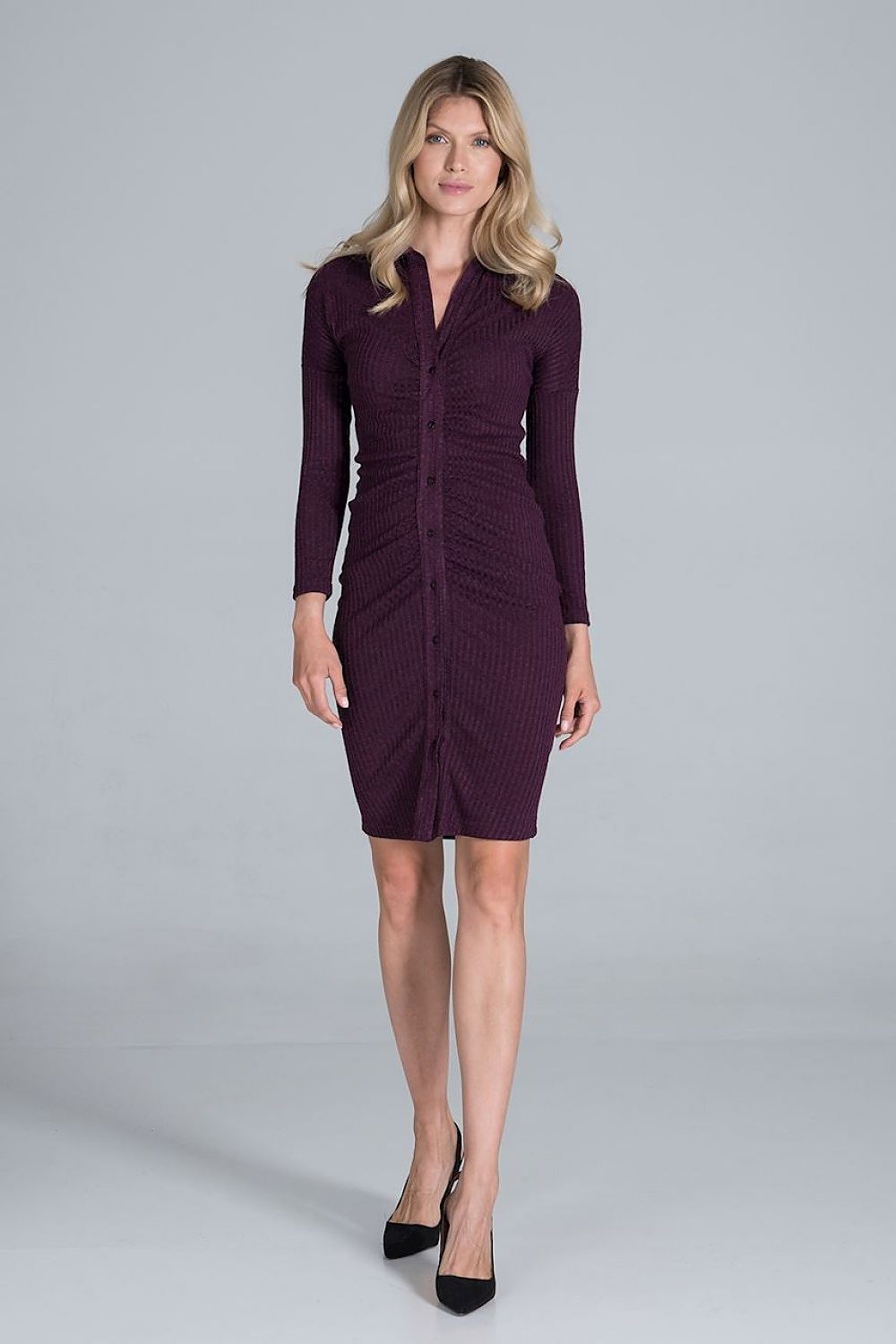 Elegant Midi Dress With Collar, Pleated Front & Long Sleeves - Figl Fashion, showcasing a model in a plum-coloured ribbed knit dress with long sleeves and a button-down design.