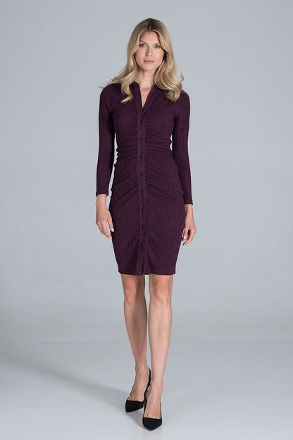 Elegant Midi Dress With Collar, Pleated Front & Long Sleeves - Figl Fashion, showcasing a model in a plum-coloured ribbed knit dress with long sleeves and a button-down design.