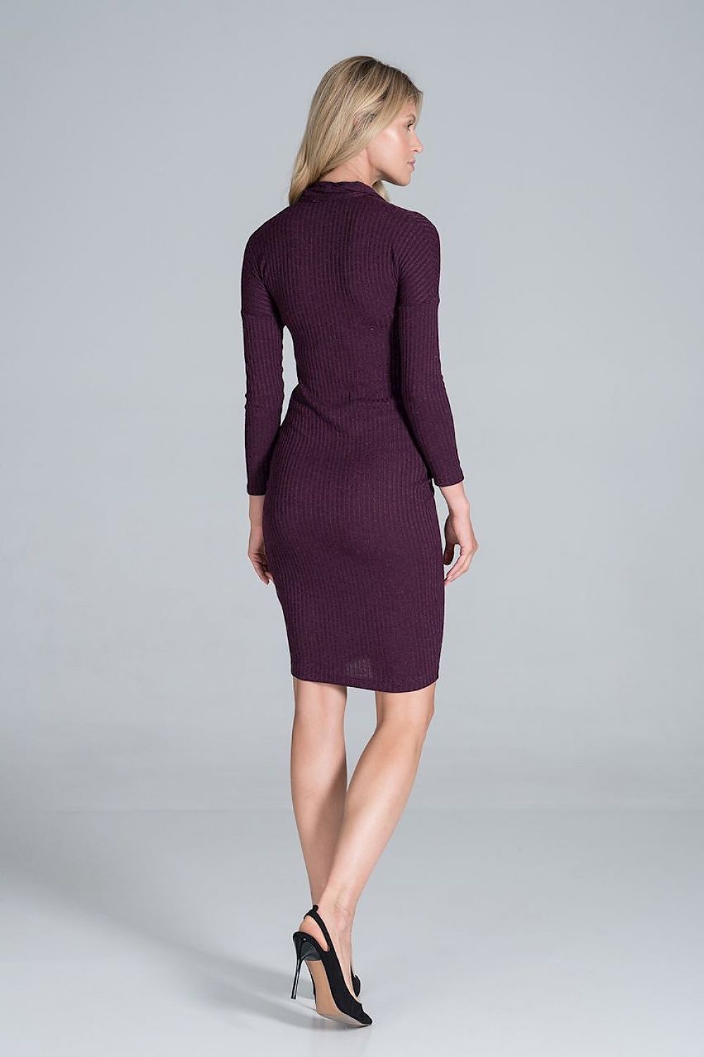 Elegant Midi Dress With Collar, Pleated Front & Long Sleeves - Figl Fashion, featuring a model displaying the back view of the dress in a rich plum shade.
