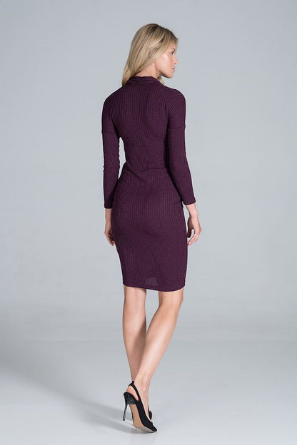 Elegant Midi Dress With Collar, Pleated Front & Long Sleeves - Figl Fashion, featuring a model displaying the back view of the dress in a rich plum shade.