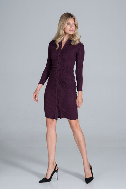 Elegant Midi Dress With Collar, Pleated Front & Long Sleeves - Figl Fashion, highlighting the model in a side pose, illustrating the flattering fit of the ribbed knit fabric.