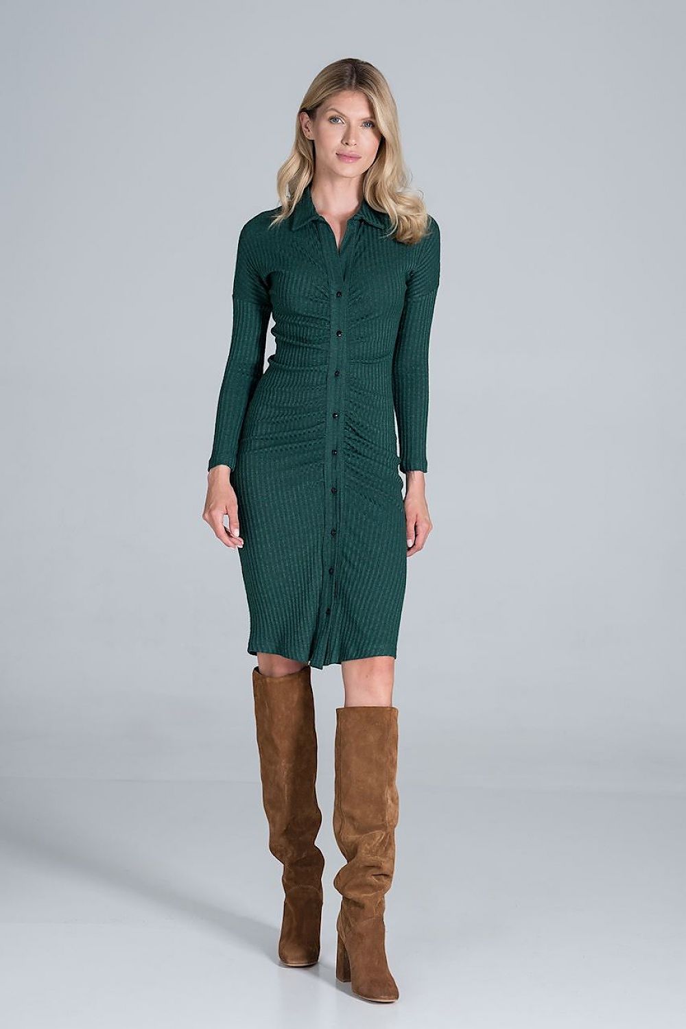 Front view of an elegant midi dress with collar, pleated front & long sleeves by Figl Fashion, showcasing a chic buttoned design and complemented by luxurious thigh-high brown boots.