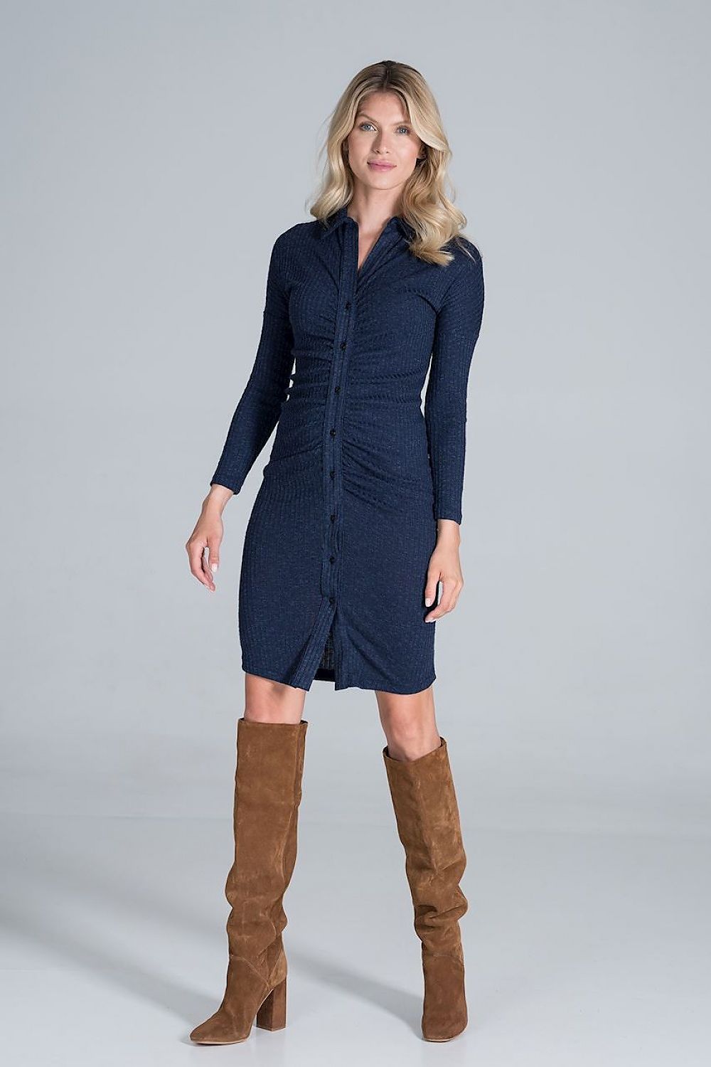 Elegant Midi Dress With Collar, Pleated Front & Long Sleeves featuring a flowing ribbed knit, styled with long sleeves and a sophisticated buttoned front, styled with high brown suede boots, perfect for a chic and luxurious look.