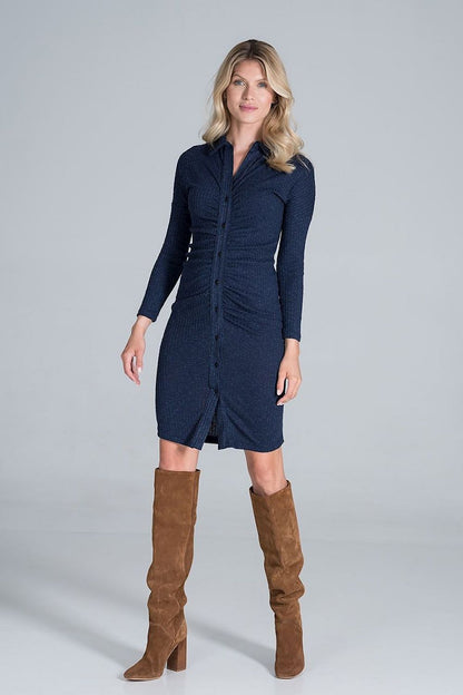 Elegant Midi Dress With Collar, Pleated Front & Long Sleeves featuring a flowing ribbed knit, styled with long sleeves and a sophisticated buttoned front, styled with high brown suede boots, perfect for a chic and luxurious look.