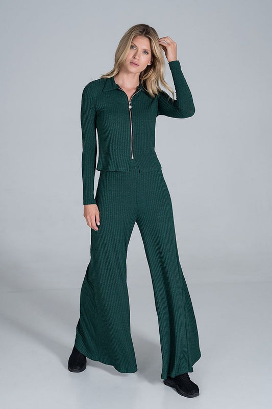 Figl Women's Luxury Ribbed Knit Blouse With Collar and Front Zip Fastening, Long Sleeves - A fashionable model wears the dark green blouse paired with matching flared trousers in a chic pose.